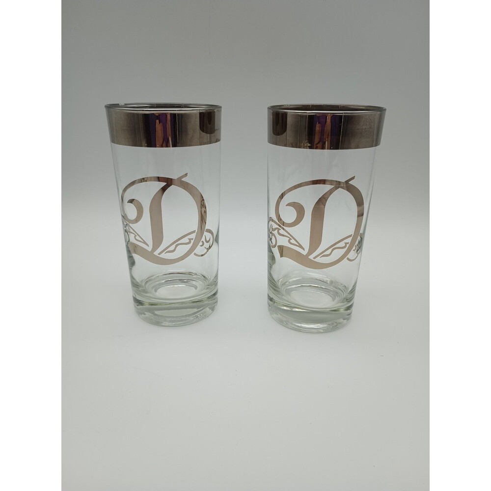 Pair 2 Vintage Dorothy Thorpe Monogram "D" Silver Rim Highball Glass 2 Tumbler
